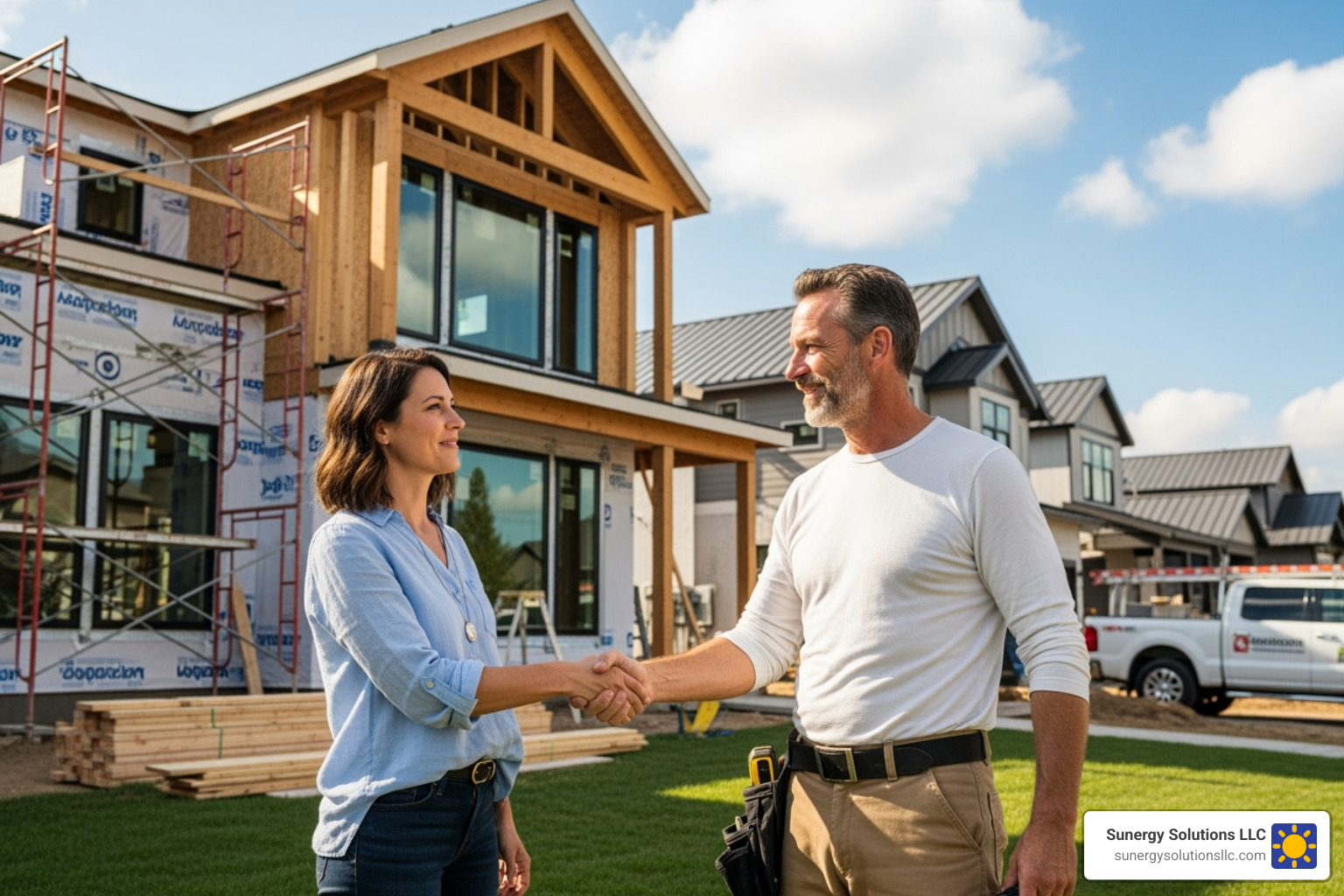 friendly contractor shaking hands with a homeowner in front of a house under construction - roofing companies that do solar friendly contractor shaking hands with a homeowner in front of a house under construction - roofing companies that do solar