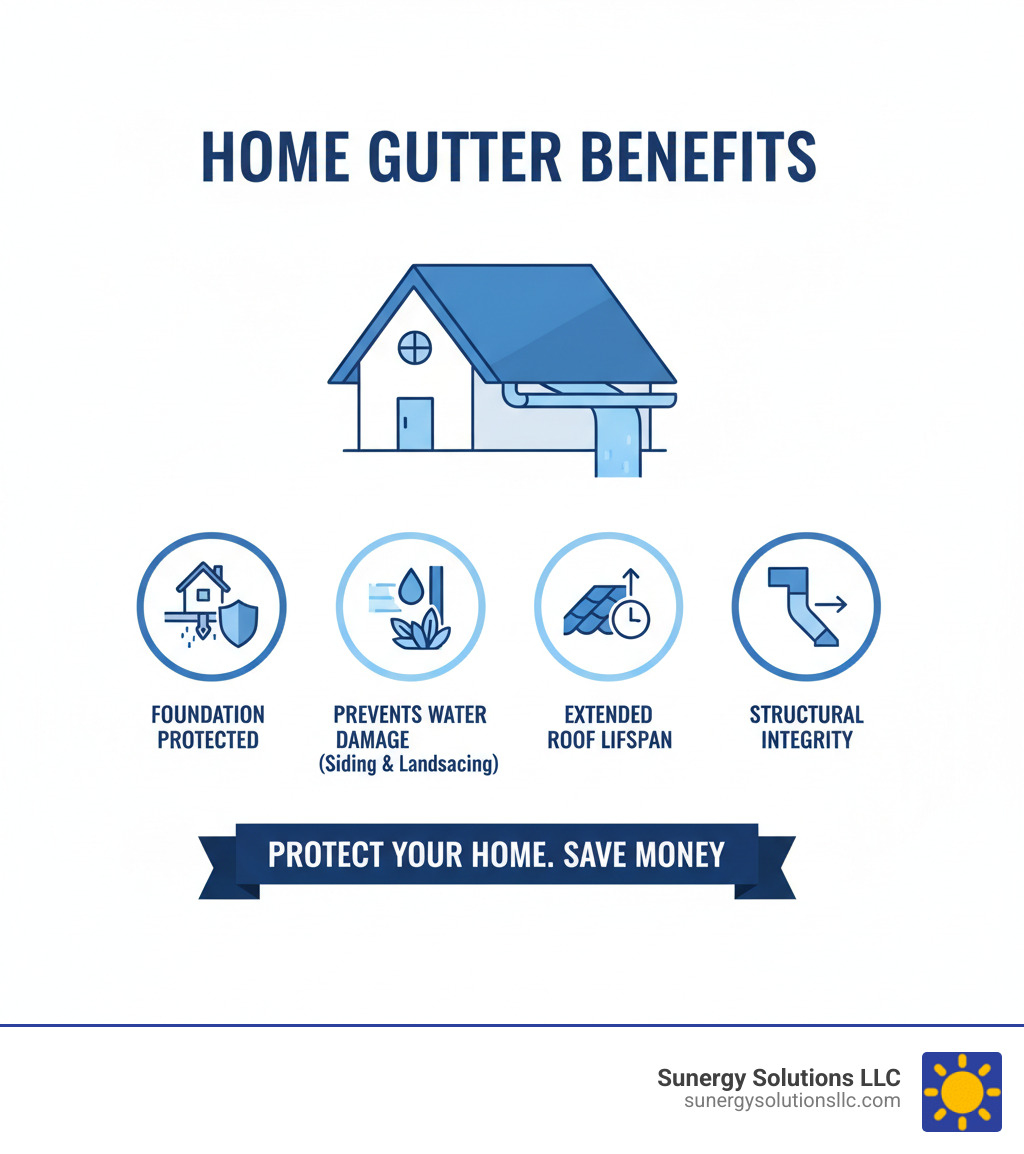 Infographic summarizing the benefits of a properly functioning home gutter system, including foundation protection, prevention of water damage to siding and landscaping, and extended roof lifespan - home gutter replacement infographic 