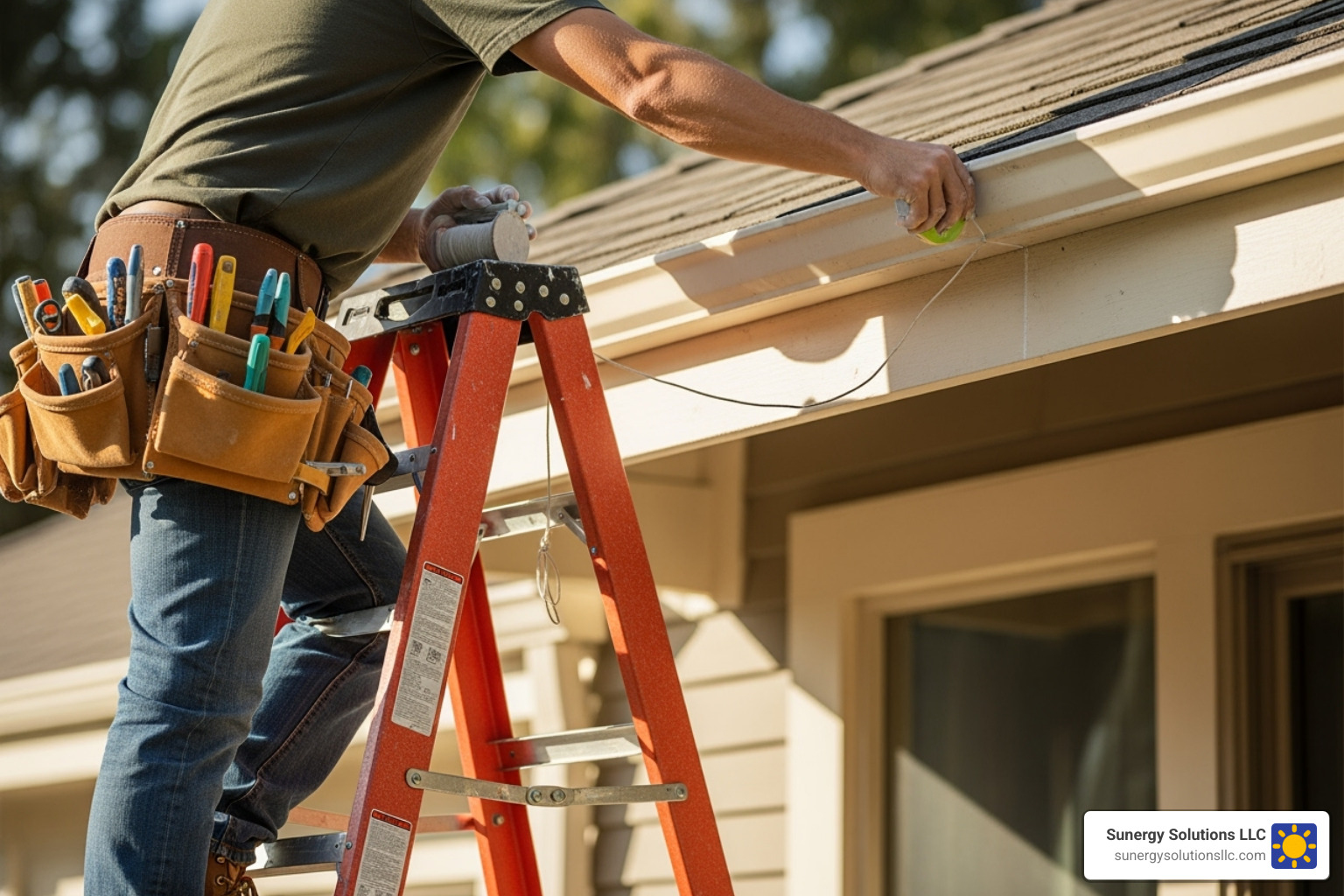 person safely on a ladder marking a chalk line on a fascia board - home gutter replacement