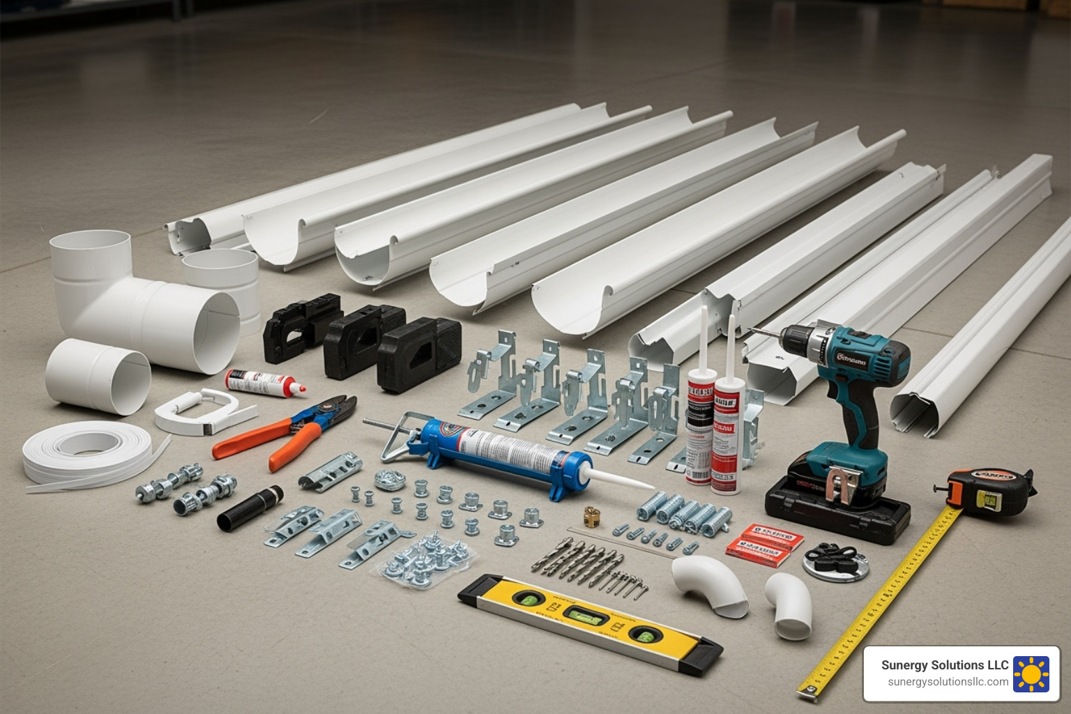 all necessary tools and materials for gutter installation laid out neatly in a garage - home gutter replacement