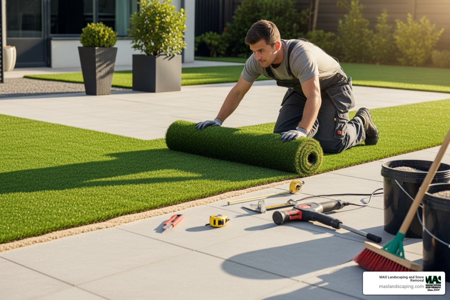 professional installer rolling out artificial grass on a prepared patio surface - fake grass for patio professional installer rolling out artificial grass on a prepared patio surface - fake grass for patio