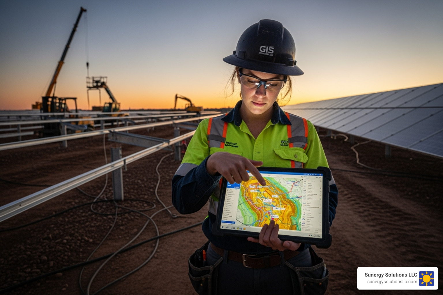 project manager using a tablet with a GIS map overlay on a solar construction site - solar energy project management project manager using a tablet with a GIS map overlay on a solar construction site - solar energy project management