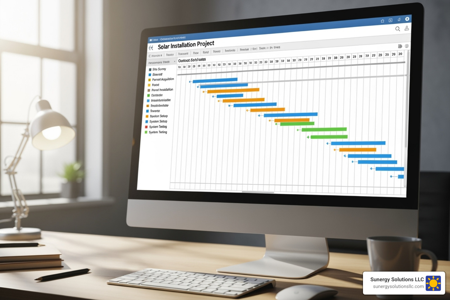 detailed Gantt chart for a solar installation project on a computer screen - solar energy project management detailed Gantt chart for a solar installation project on a computer screen - solar energy project management