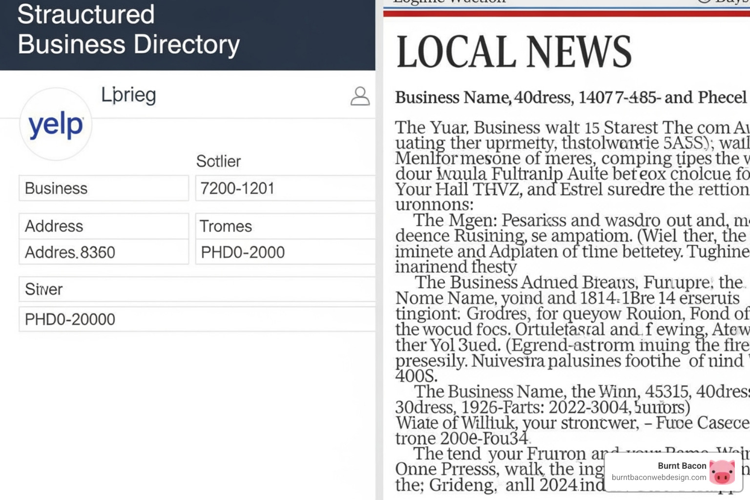 Image comparing a structured citation on Yelp with an unstructured citation in a local news article - local citations building