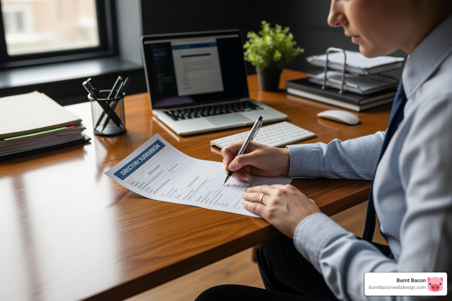 Image of a business owner filling out a directory submission form - local citations building