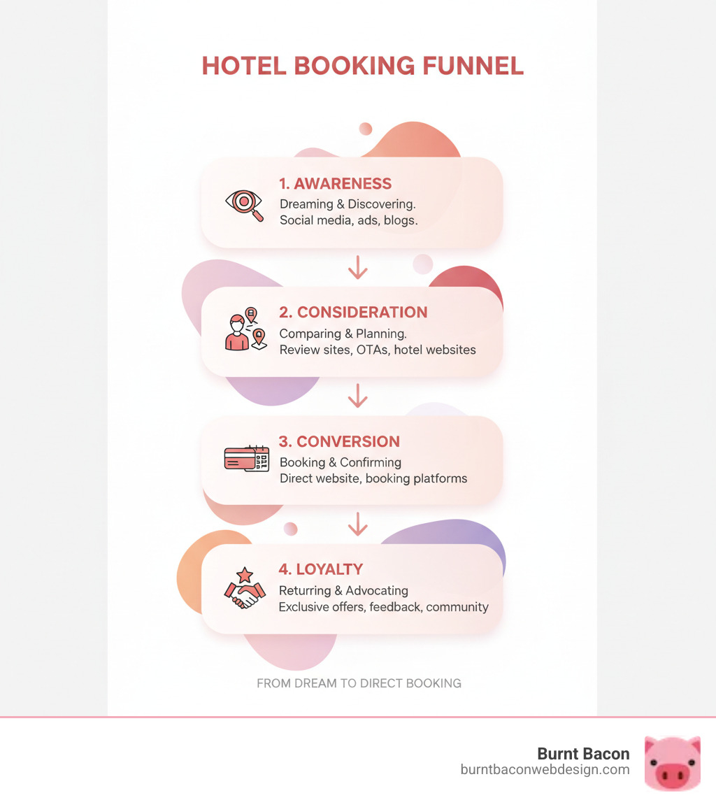 Infographic explaining the 4 key stages of the hotel booking funnel: Awareness, Consideration, Conversion, and Loyalty, with brief descriptions for each stage - hotel booking funnel infographic Infographic explaining the 4 key stages of the hotel booking funnel: Awareness, Consideration, Conversion, and Loyalty, with brief descriptions for each stage - hotel booking funnel infographic