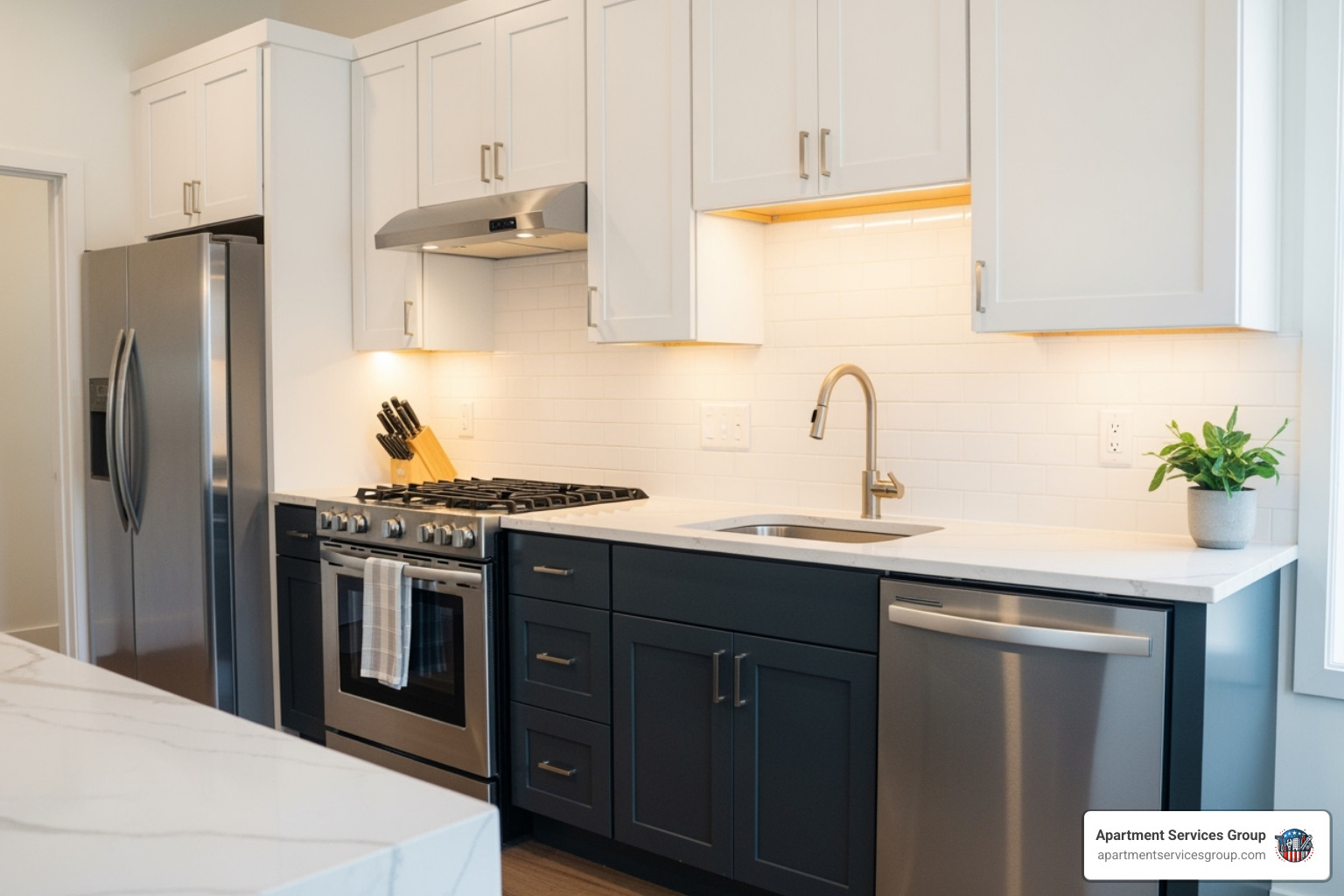 A stylishly renovated apartment kitchen featuring modern stainless steel appliances, white subway tile backsplash, light-colored countertops, and under-cabinet lighting - multifamily renovation contractor A stylishly renovated apartment kitchen featuring modern stainless steel appliances, white subway tile backsplash, light-colored countertops, and under-cabinet lighting - multifamily renovation contractor