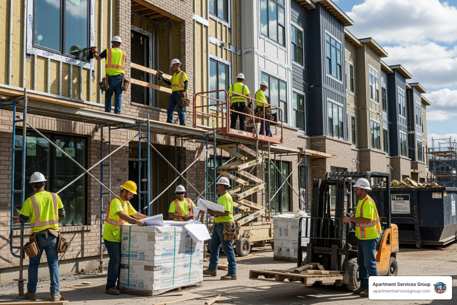 A professional construction team working on the exterior of a multifamily property, wearing hard hats and safety vests - multifamily renovation contractor A professional construction team working on the exterior of a multifamily property, wearing hard hats and safety vests - multifamily renovation contractor