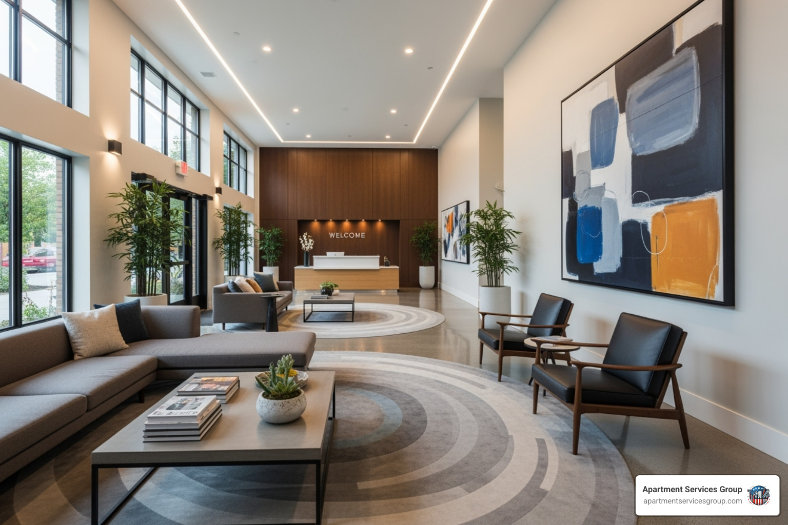 A newly renovated, modern apartment lobby with comfortable seating, contemporary art, and ample natural light - multifamily renovation contractor A newly renovated, modern apartment lobby with comfortable seating, contemporary art, and ample natural light - multifamily renovation contractor