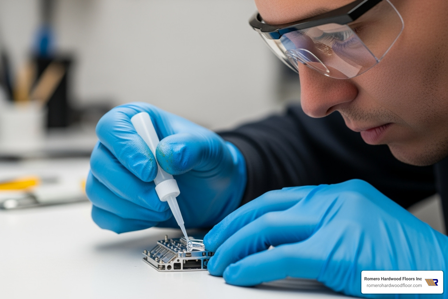 A person wearing blue nitrile gloves and safety glasses while carefully applying adhesive to a workpiece - High strength adhesive A person wearing blue nitrile gloves and safety glasses while carefully applying adhesive to a workpiece - High strength adhesive