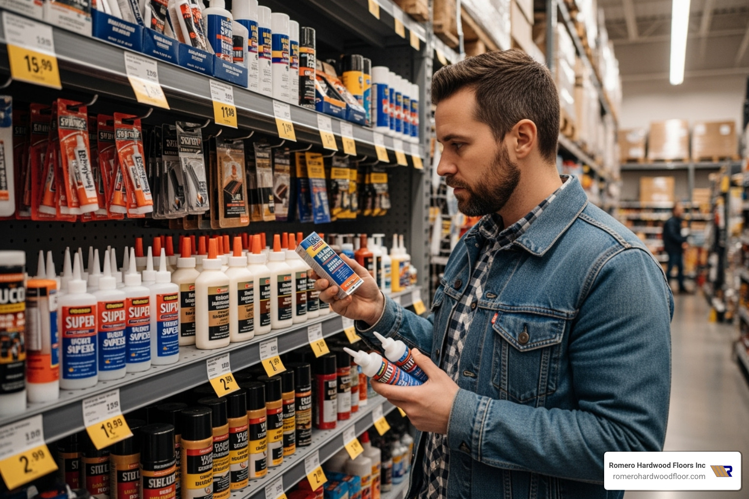 A person standing in a hardware store aisle, looking at various high-strength adhesive options on a shelf - High strength adhesive A person standing in a hardware store aisle, looking at various high-strength adhesive options on a shelf - High strength adhesive
