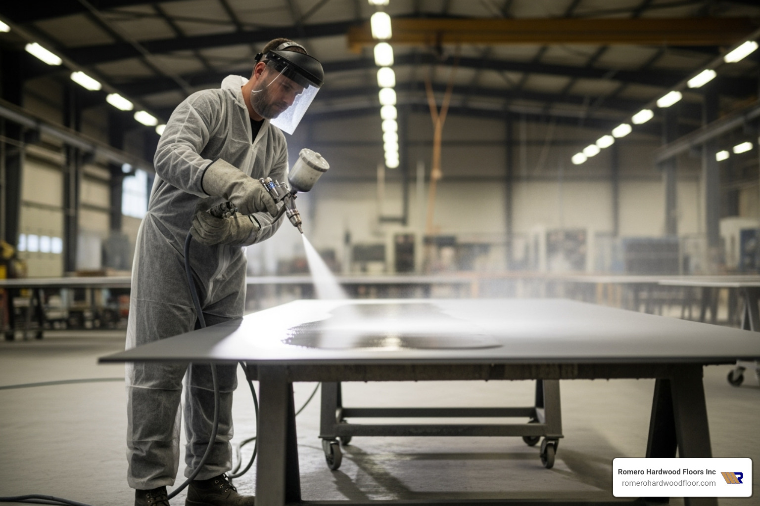 A worker using a spray gun to apply high-strength spray adhesive to a large sheet of material in an industrial setting - High strength adhesive A worker using a spray gun to apply high-strength spray adhesive to a large sheet of material in an industrial setting - High strength adhesive
