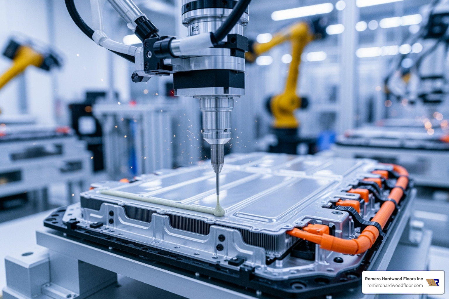 A close-up image showing a robotic arm precisely applying adhesive to a complex component in an advanced manufacturing facility, possibly for an electric vehicle - High strength adhesive A close-up image showing a robotic arm precisely applying adhesive to a complex component in an advanced manufacturing facility, possibly for an electric vehicle - High strength adhesive