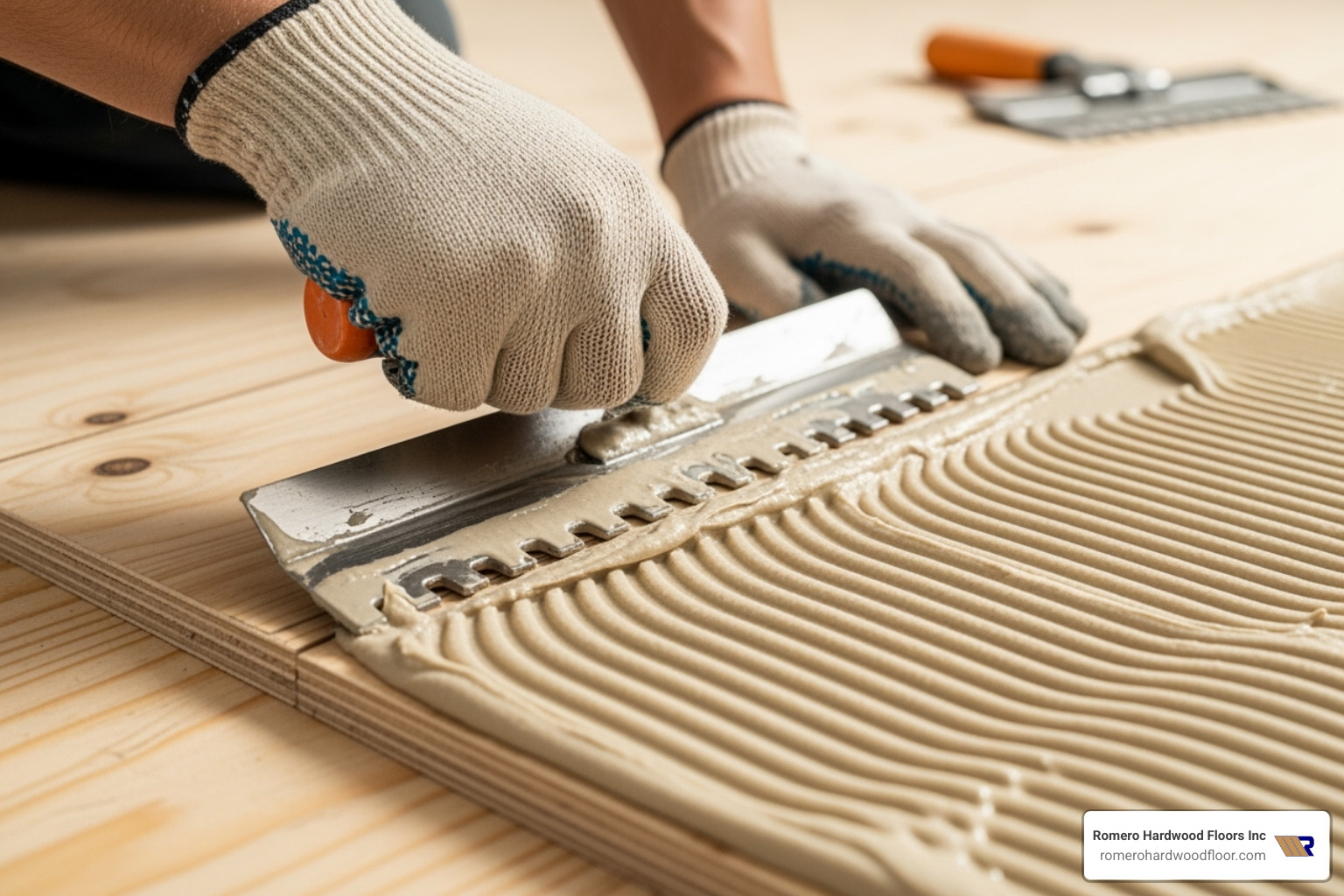 A professional applying high-strength adhesive to a subfloor using a trowel, ensuring even coverage before hardwood flooring installation - High strength adhesive A professional applying high-strength adhesive to a subfloor using a trowel, ensuring even coverage before hardwood flooring installation - High strength adhesive