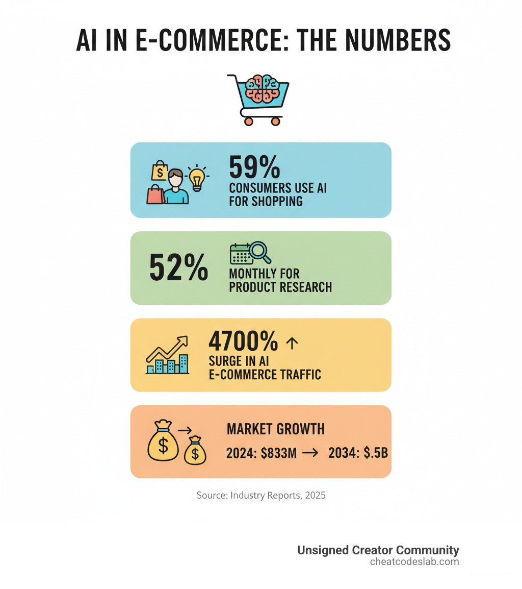 Infographic showing ChatGPT for e-commerce statistics: 59% of consumers use generative AI for shopping, 52% use it monthly for research, 4700% surge in AI-driven e-commerce traffic, and projected market growth from $833M to $3.5B by 2034 - ChatGPT for e-commerce infographic 