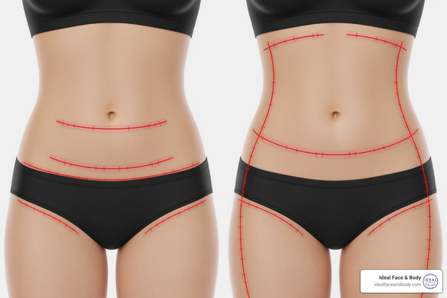 Image illustrating the difference in incision lines between a tummy tuck and a body lift, showing a horizontal abdominal incision for the tummy tuck and a full circumferential incision for the body lift - body lift