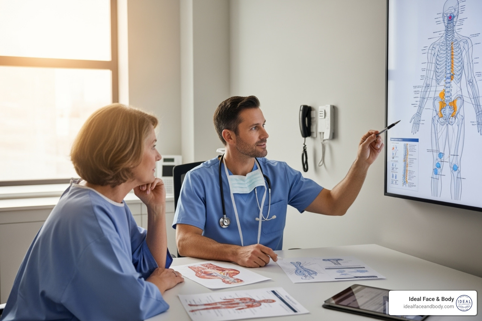 Image of a surgeon consulting with a patient, looking at diagrams of the body, indicating surgical planning and preparation - body lift
