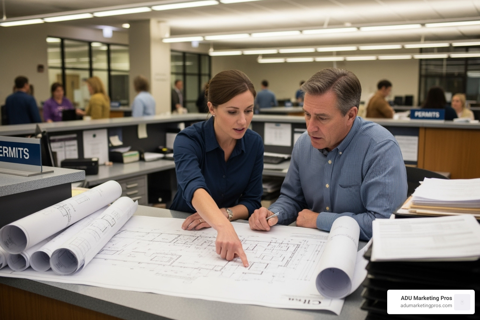 A city planner and homeowner reviewing blueprints at a permit counter, highlighting the over-the-counter review process - Long Beach ADU plans