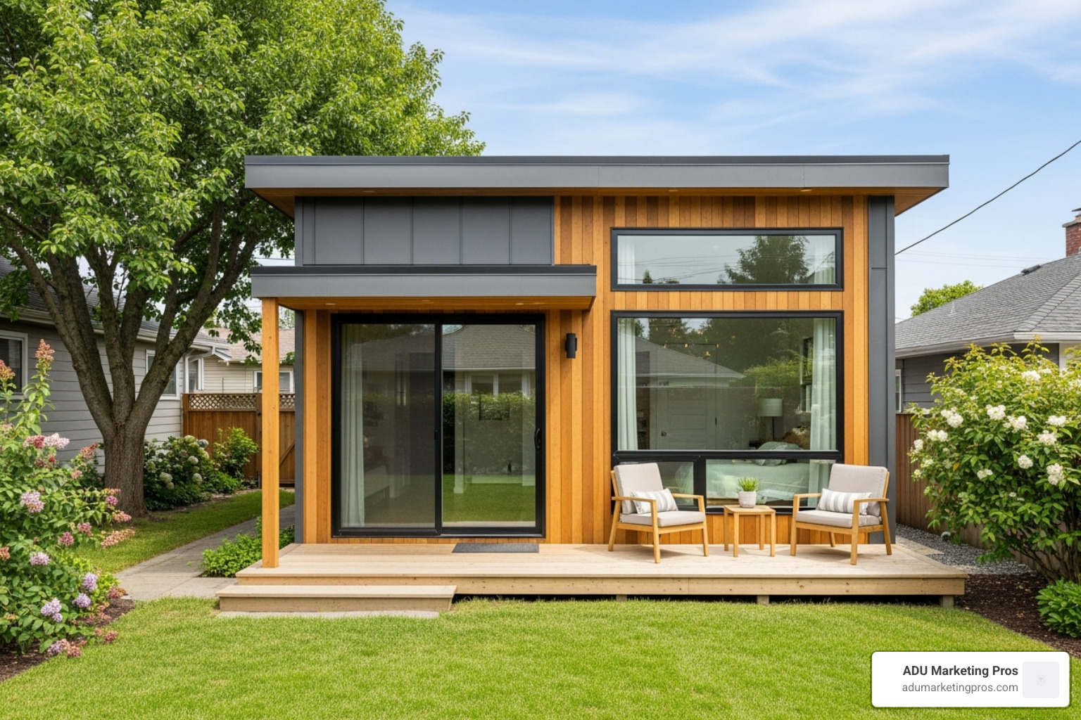 A modern, compact ADU with a covered porch and large windows, showcasing efficient design - Long Beach ADU plans