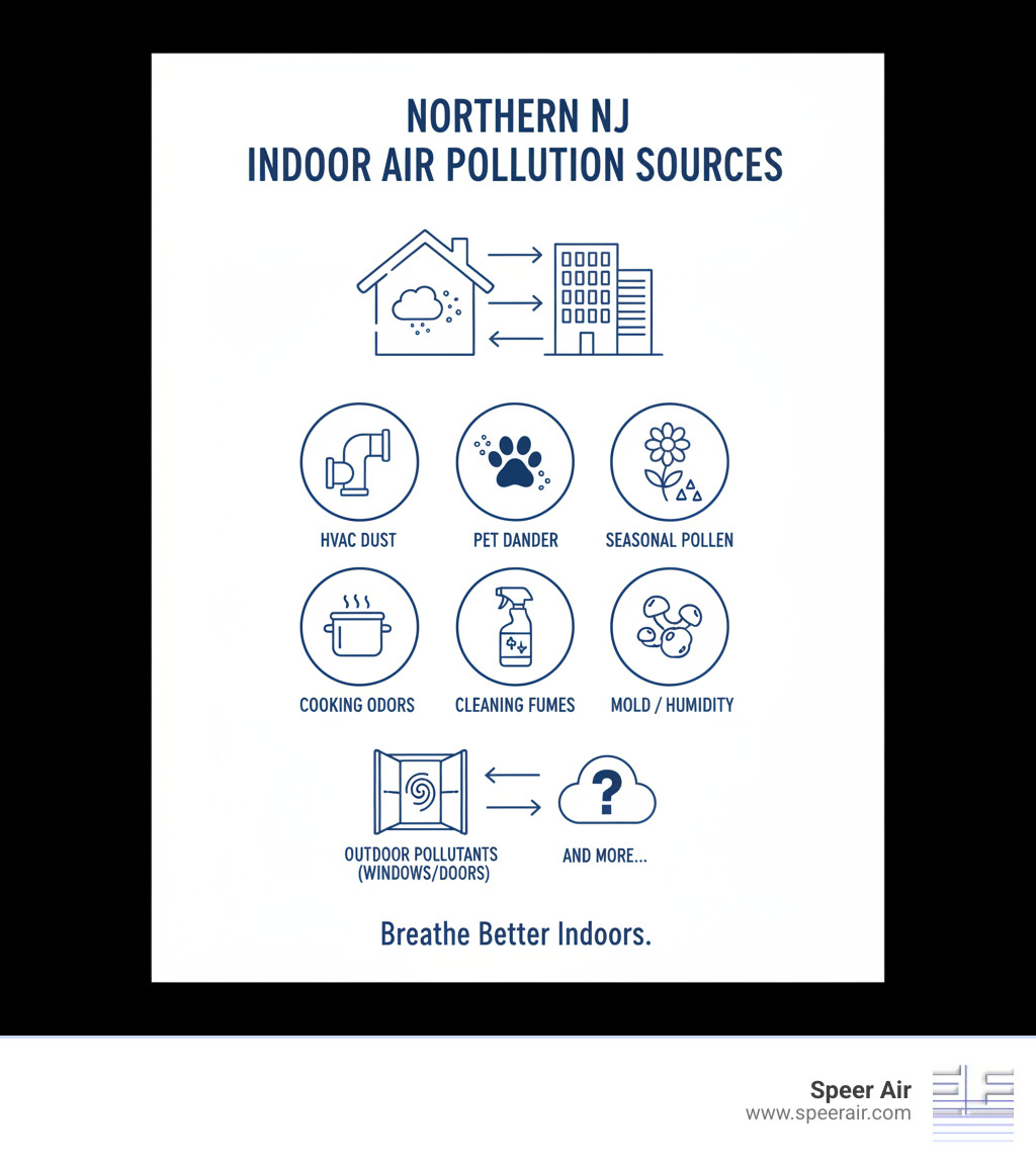 Detailed infographic showing common sources of indoor air pollution in Northern New Jersey homes and businesses, including dust from HVAC systems, pet dander, seasonal pollen, cooking odors, cleaning product fumes, mold spores from humidity, and outdoor pollutants entering through windows and doors - air filtration system northern nj infographic 