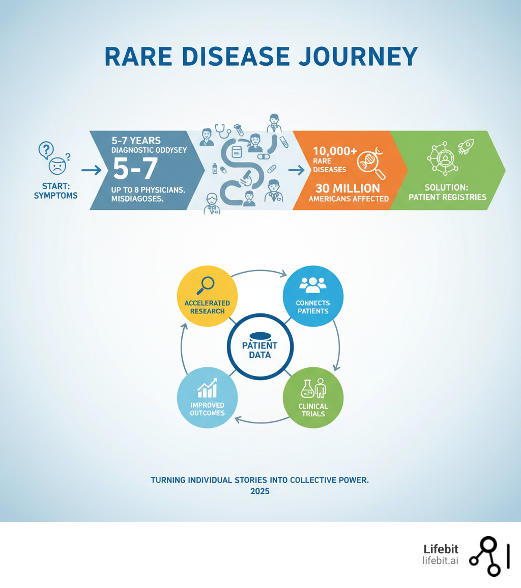 Infographic showing rare disease statistics: 10,000+ rare diseases affecting 30 million Americans, with typical 5-7 year diagnostic journey involving multiple physicians and misdiagnoses, highlighting how registries collect patient data to accelerate research and connect patients with clinical trials - rare diseases registry infographic 
