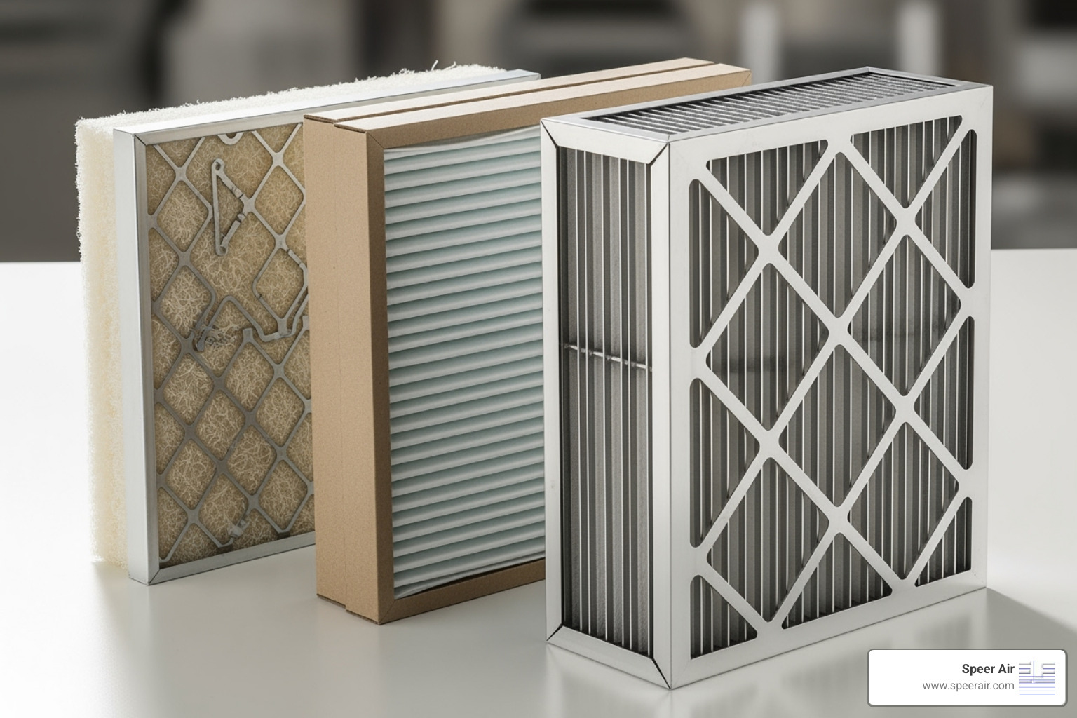 Different types of air filters, including a flat fiberglass filter, a pleated media filter, and an electronic air cleaner cell - air filtration system northern nj