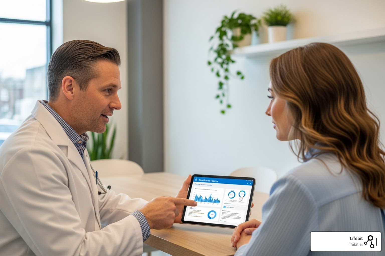 A patient and doctor looking at a tablet, discussing information from a rare disease registry - rare diseases registry
