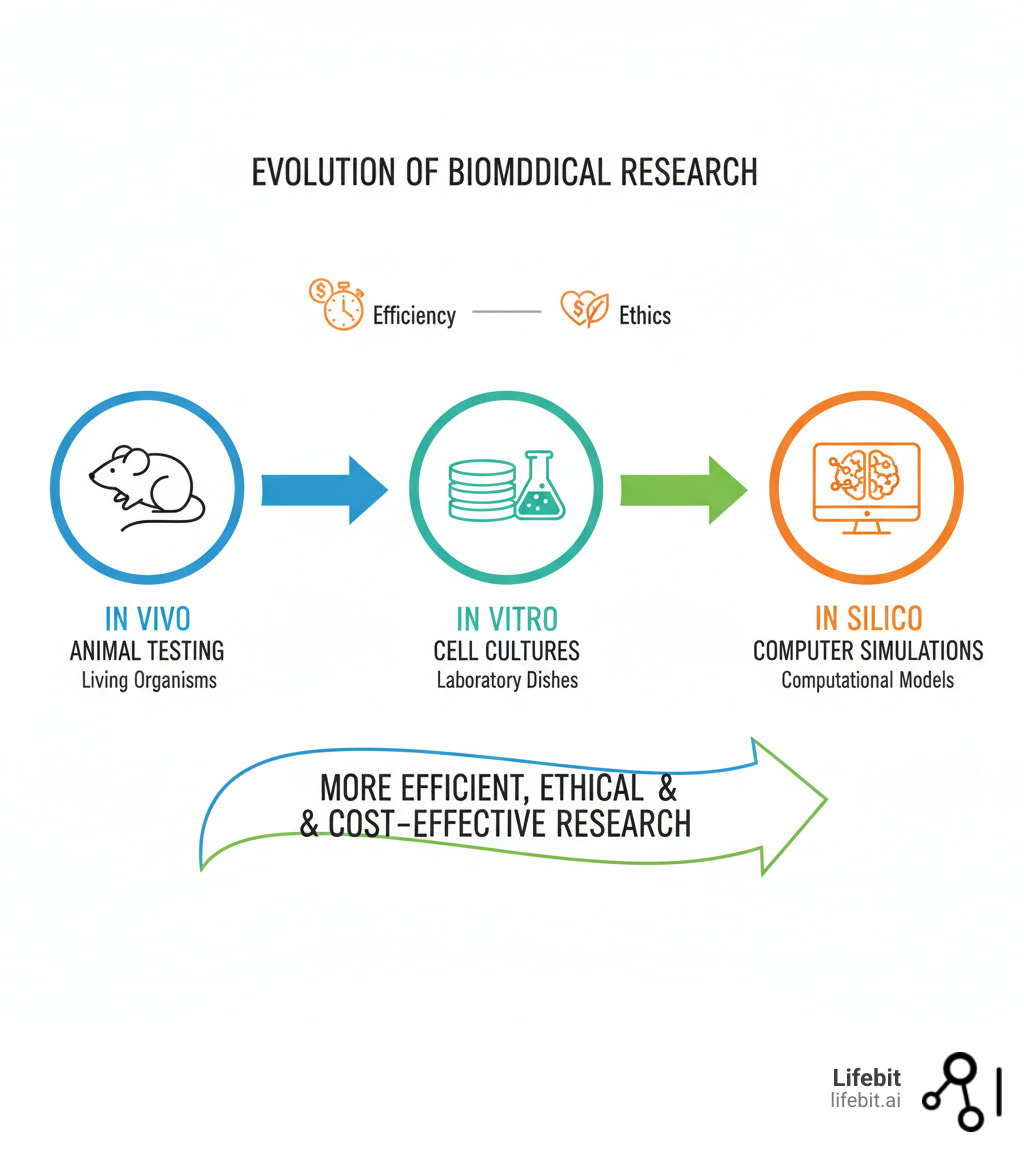 Infographic showing the evolution from in vivo animal testing to in vitro laboratory cell cultures to in silico computer simulations, with icons representing each method and arrows showing the progression toward more efficient, ethical, and cost-effective research approaches - in silico infographic 