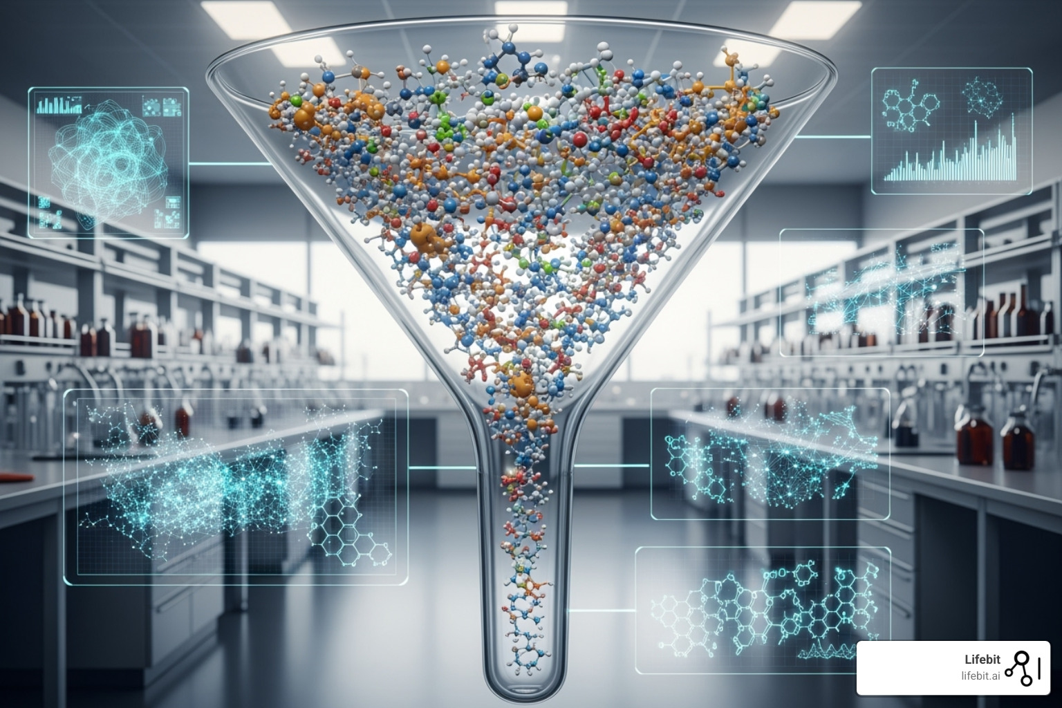 Drug findy funnel showing how in silico methods narrow down candidates from millions to hundreds - in silico