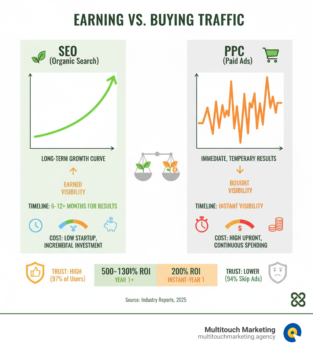 Comprehensive infographic showing SEO as "earning traffic" through organic search rankings with long-term growth curve, versus PPC as "buying traffic" through paid advertisements with immediate but temporary results, including cost comparisons, timeline differences, and trust levels between the two approaches - PPC and SEO infographic  Comprehensive infographic showing SEO as "earning traffic" through organic search rankings with long-term growth curve, versus PPC as "buying traffic" through paid advertisements with immediate but temporary results, including cost comparisons, timeline differences, and trust levels between the two approaches - PPC and SEO infographic