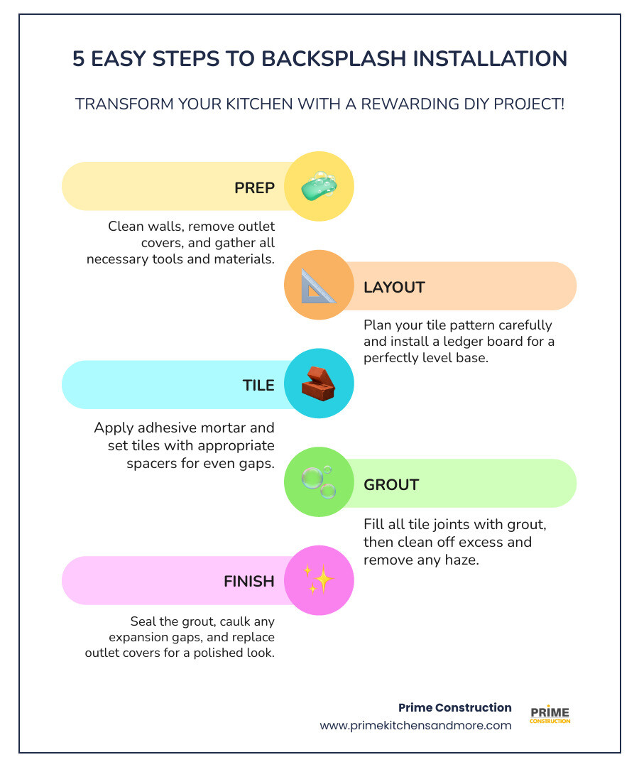 Detailed infographic showing the 5 stages of backsplash installation process: Stage 1 Prep showing wall cleaning and tool gathering, Stage 2 Layout showing tile pattern planning and ledger board installation, Stage 3 Tiling showing adhesive application and tile placement, Stage 4 Grouting showing grout application and cleaning, Stage 5 Finishing showing sealing and caulking with timeline indicators - backsplash installation infographic infographic-line-5-steps-colors