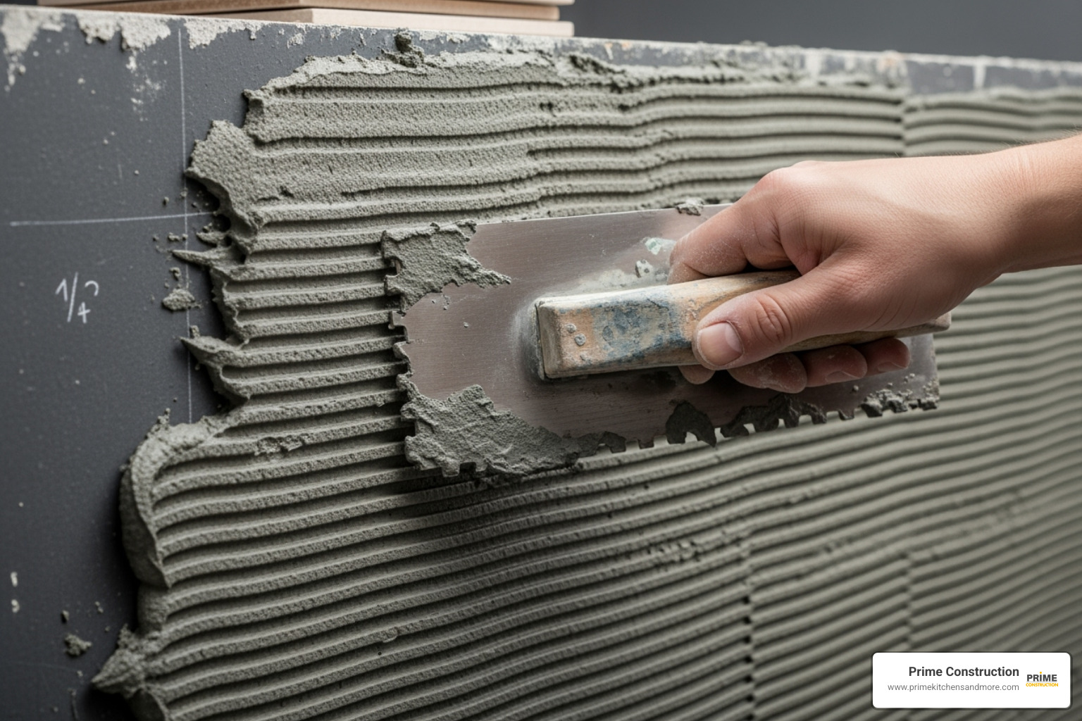 adhesive being applied with a notched trowel - backsplash installation