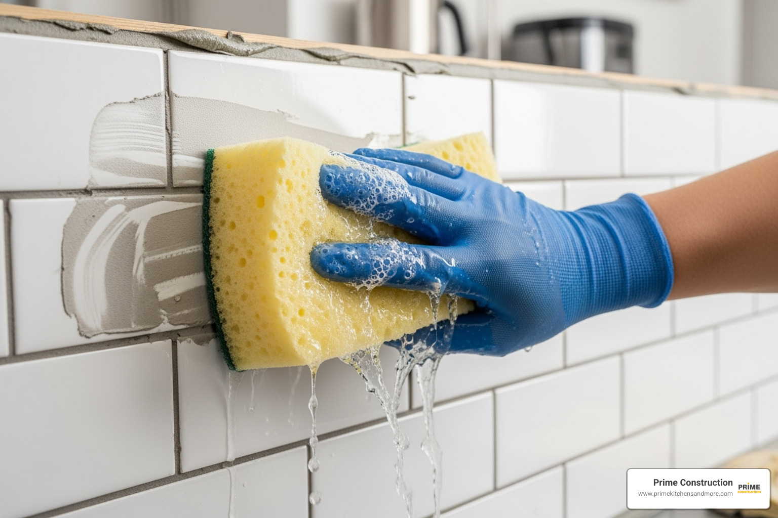 cleaning grout from a tile surface with a large sponge - backsplash installation