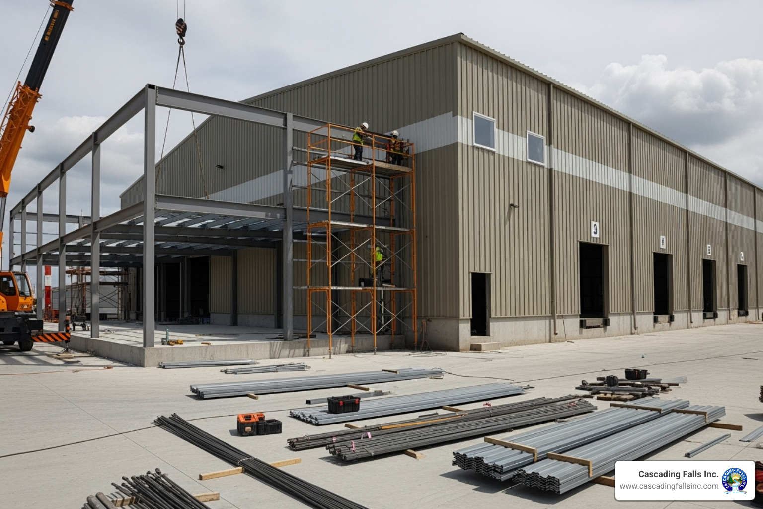 An existing metal warehouse with a new section being added, demonstrating the ease of future expansion and modification. - metal building construction An existing metal warehouse with a new section being added, demonstrating the ease of future expansion and modification. - metal building construction