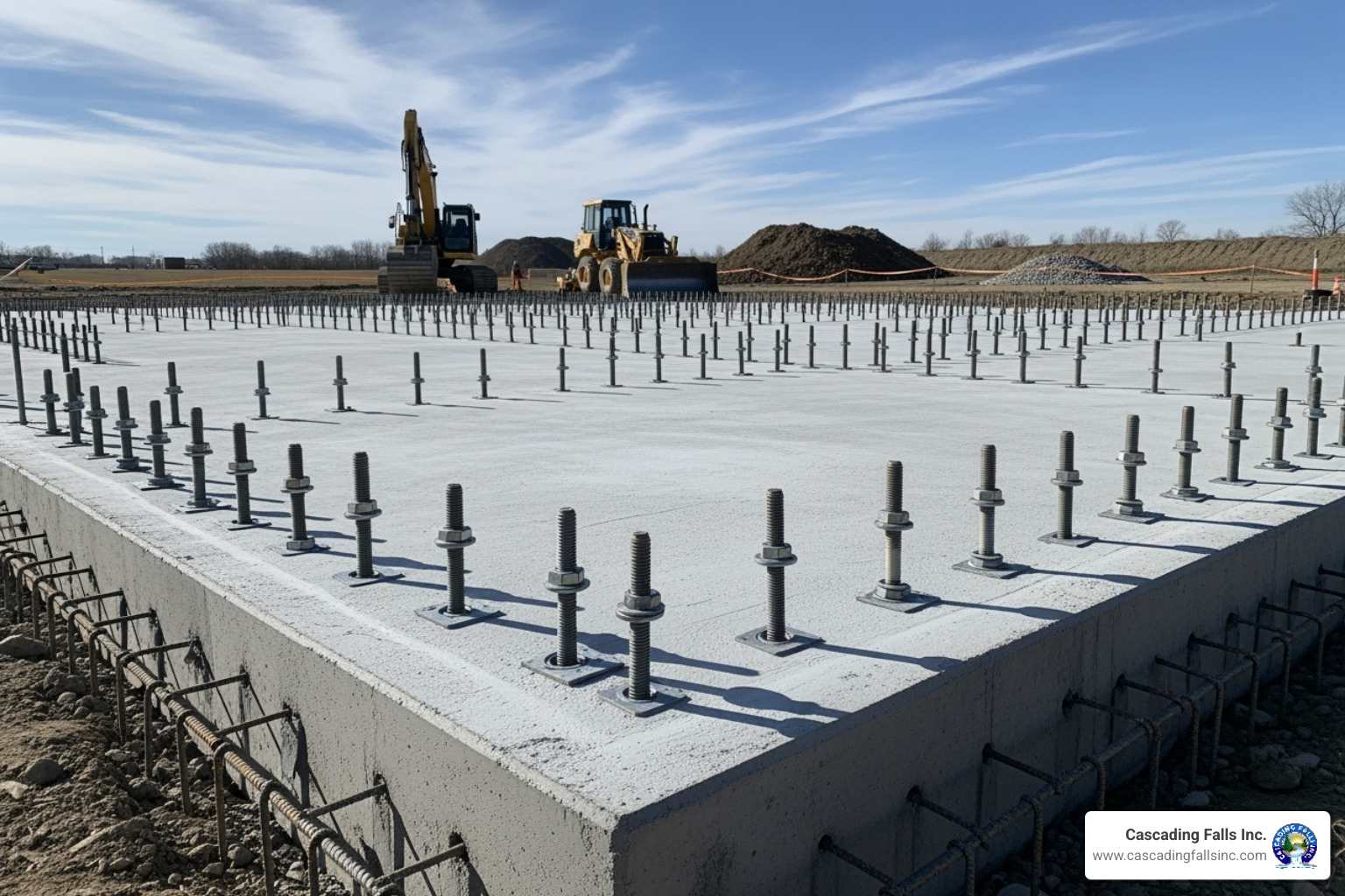 A construction site with a freshly poured concrete foundation, featuring clearly visible anchor bolts for the upcoming metal building structure. - metal building construction A construction site with a freshly poured concrete foundation, featuring clearly visible anchor bolts for the upcoming metal building structure. - metal building construction