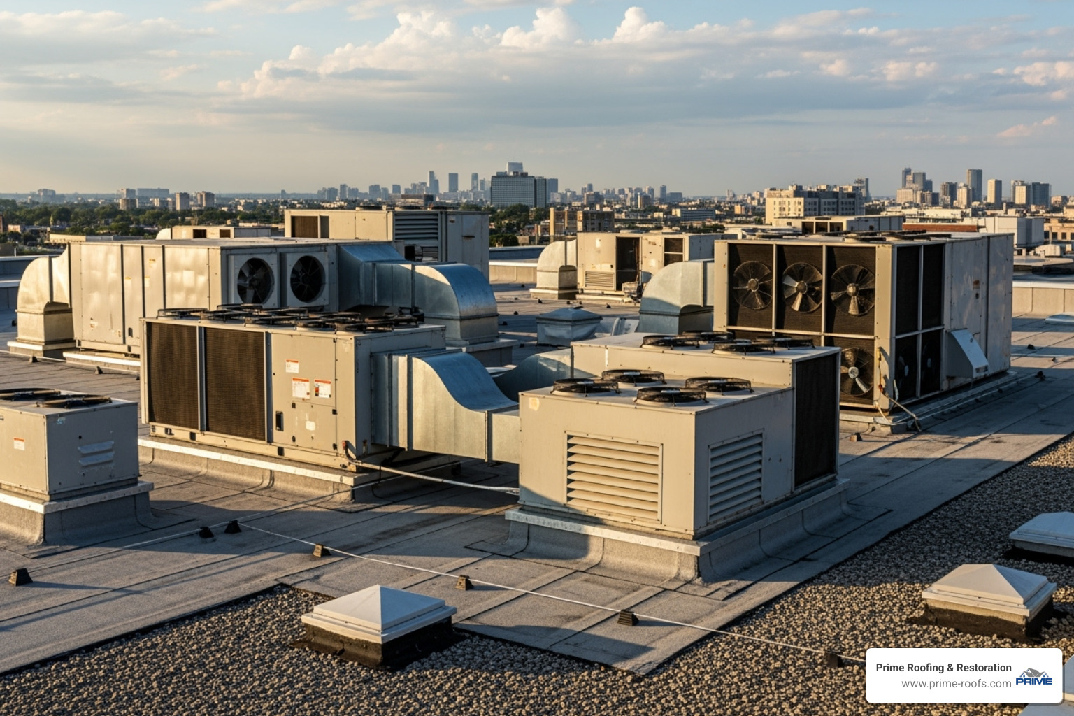 large HVAC units on a commercial flat roof - why do commercial buildings have flat roofs