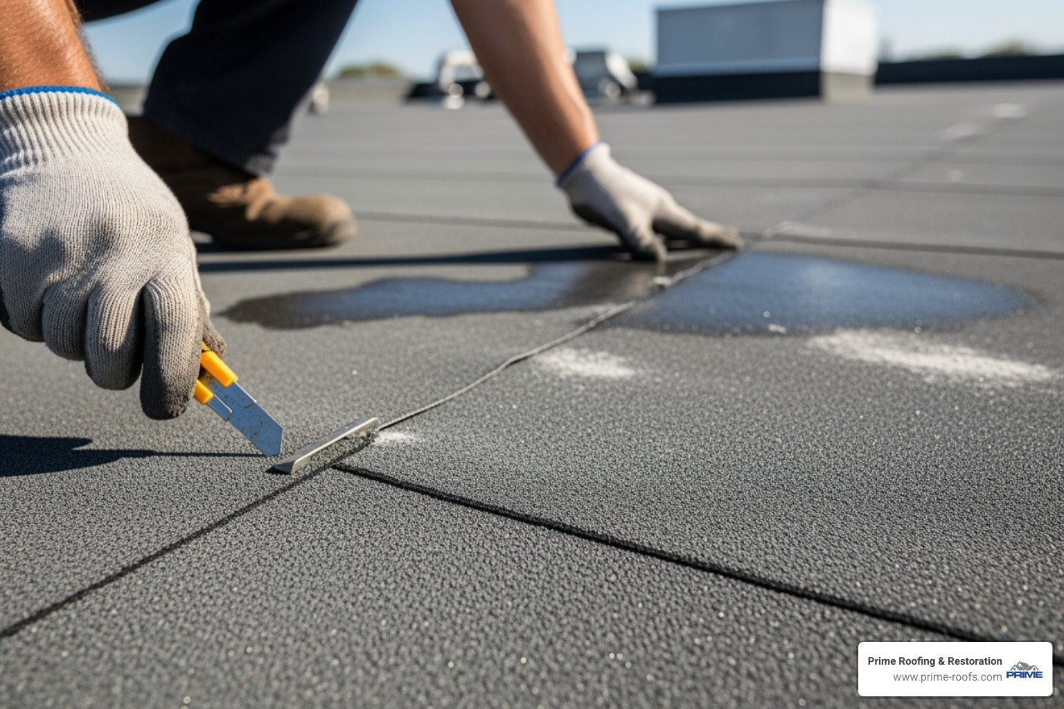 roofer inspecting a flat roof membrane - why do commercial buildings have flat roofs