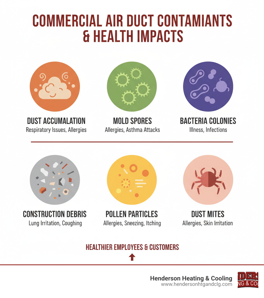 Infographic showing common commercial air duct contaminants including dust accumulation, mold spores, bacteria colonies, construction debris, pollen particles, and dust mites with their health impacts on employees and customers - air duct cleaning saint robert infographic 