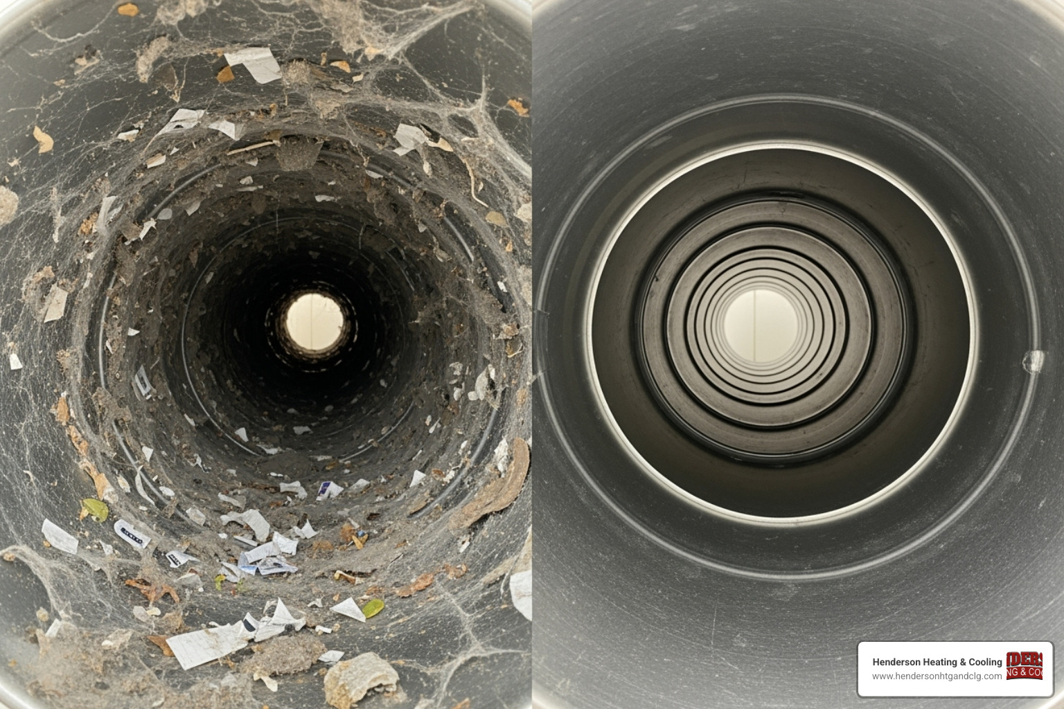 before-and-after comparison of a dirty duct interior and a clean one - air duct cleaning saint robert