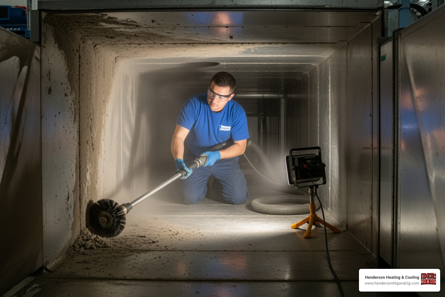 certified technician using a rotary brush system in a large commercial duct - air duct cleaning saint robert