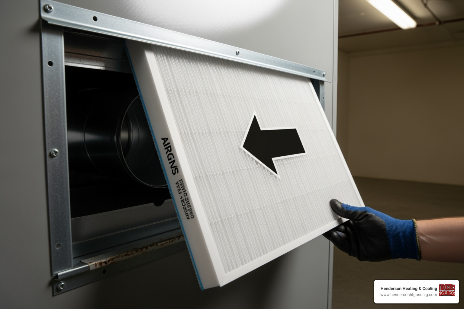 A new filter being slid into the slot of an air handler, with the airflow arrow clearly visible and pointing into the unit. - ac filter replacement