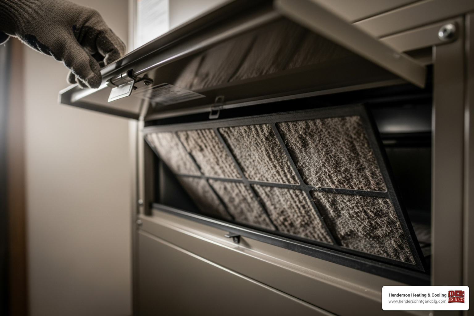 A person opening an air handler filter slot, revealing a dirty filter inside. - ac filter replacement
