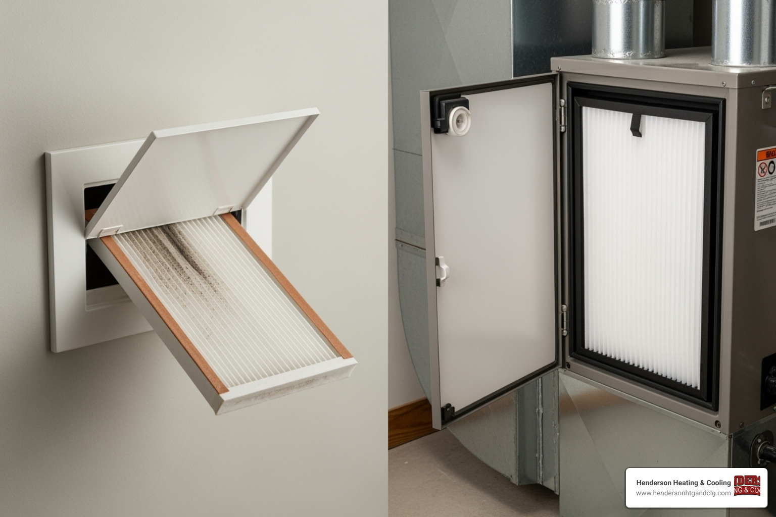 Common locations for an AC filter, showing a filter slot in a return air vent on a wall and another in an air handler unit within a utility closet - ac filter replacement