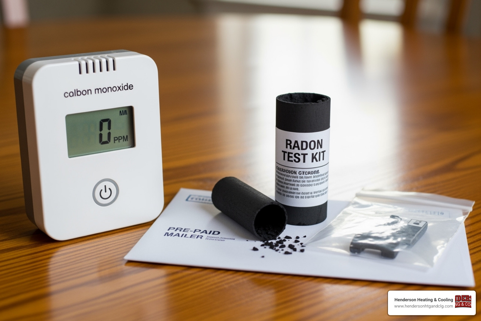 A carbon monoxide detector and a radon test kit on a table - indoor air quality