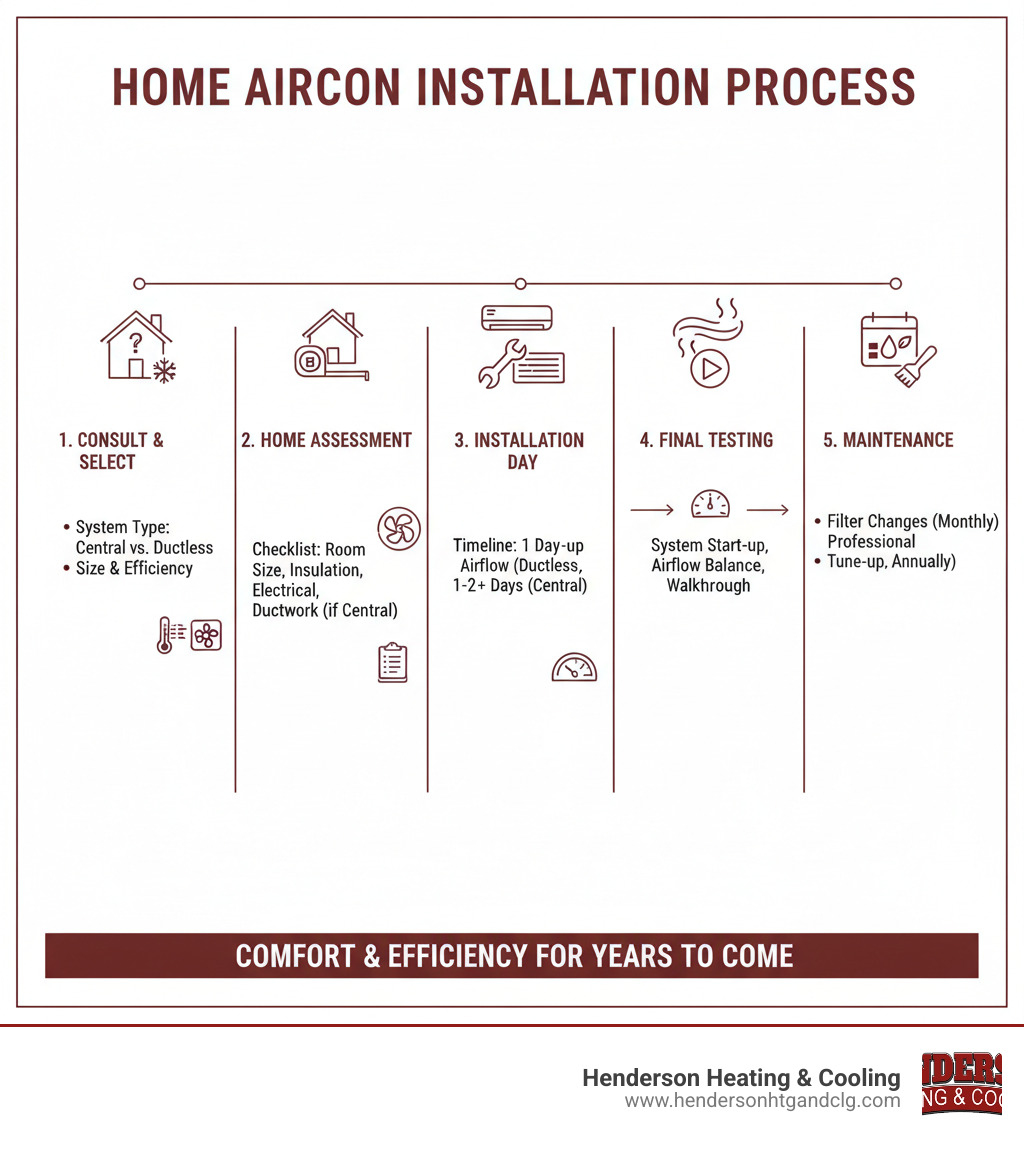 Detailed infographic showing the complete home aircon installation process from initial consultation through final system testing, including system selection criteria, home assessment checklist, installation timeline, and maintenance schedule - home aircon installation infographic 