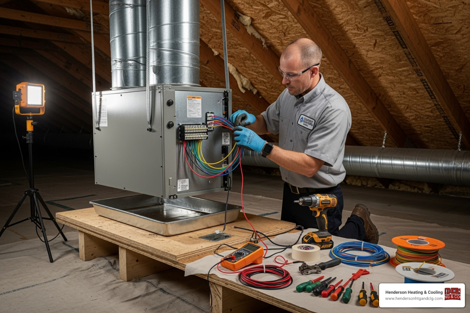 professional technician neatly installing an indoor air handler - home aircon installation