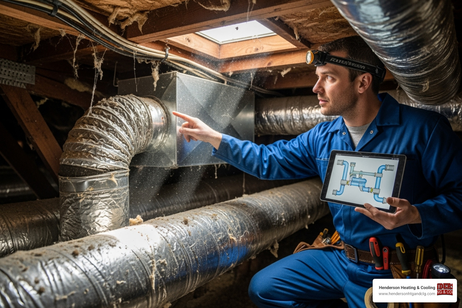 HVAC technician assessing a home's ductwork in an attic - home aircon installation