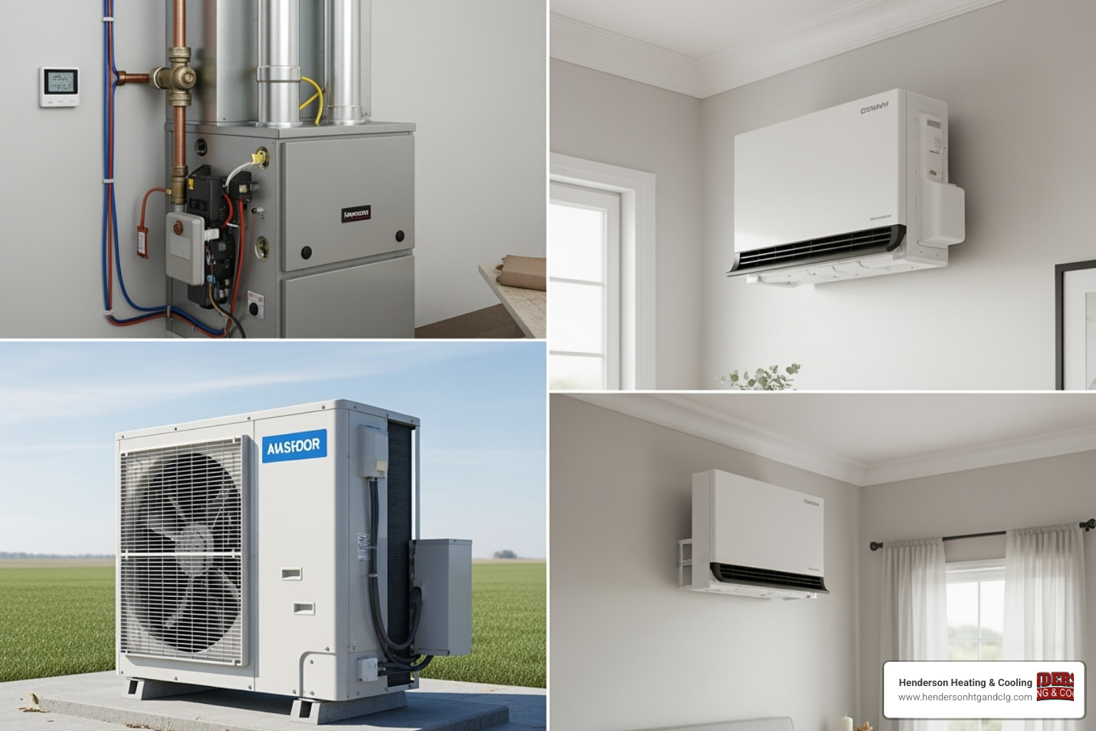 A collage showing different HVAC units including a gas furnace, an outdoor heat pump unit, and an indoor ductless mini-split unit - hvac systems
