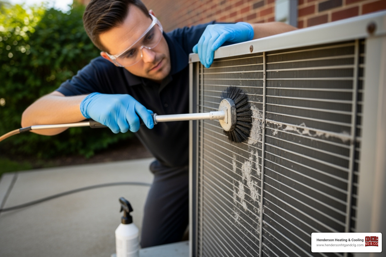 A technician wearing gloves and safety glasses carefully cleaning the outdoor condenser unit of an HVAC system - hvac systems