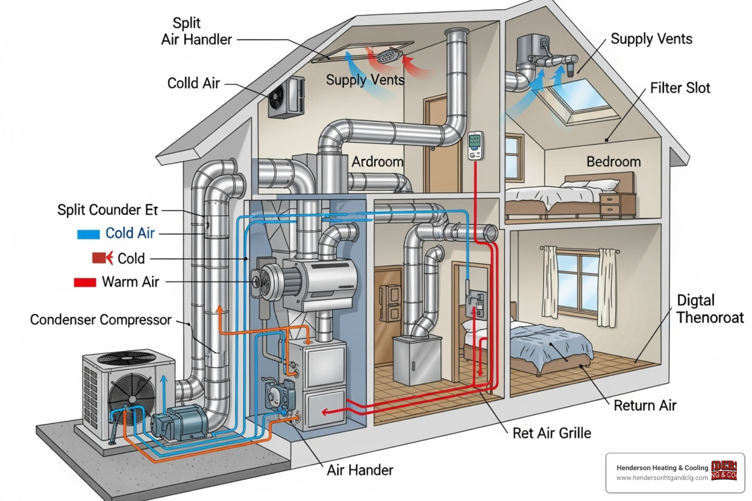 A diagram showing the main components of a split HVAC system, including an outdoor condenser unit, an indoor furnace/air handler, ductwork, and a thermostat - hvac systems